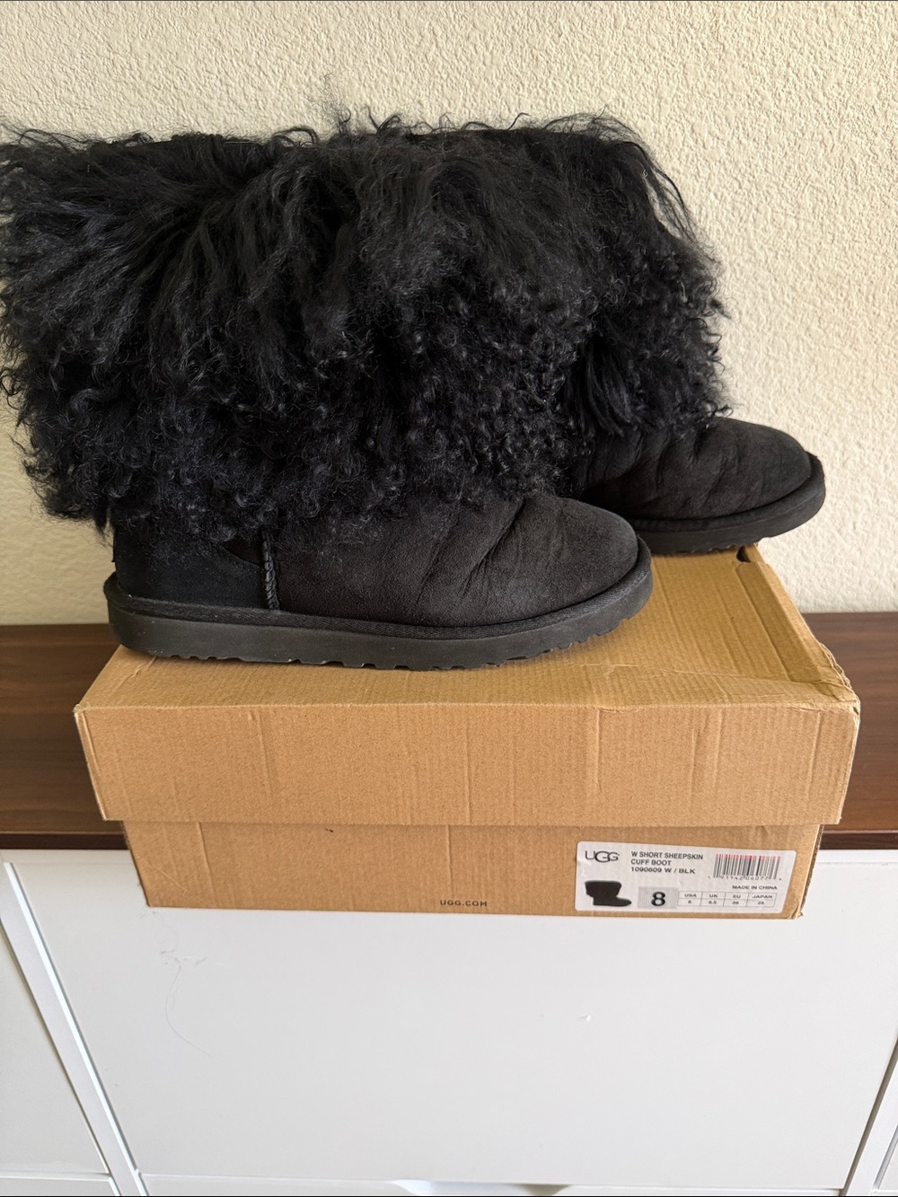 UGG Black Sheepskin Curly Fur Short Booties size 9 w original box